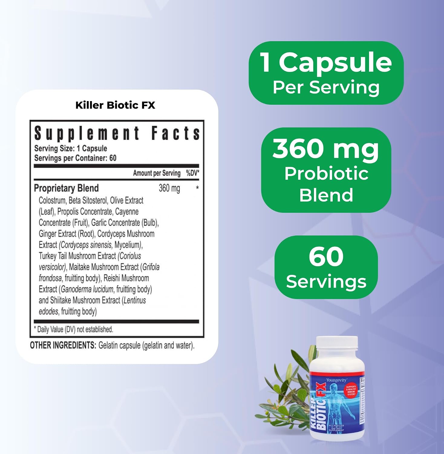 Youngevity Killer Biotic FX - Immune System Support with Bee Propolis, Mushrooms and Colostrum - 60 Capsules - görsel 3