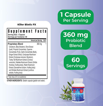 Youngevity Killer Biotic FX - Immune System Support with Bee Propolis, Mushrooms and Colostrum - 60 Capsules
