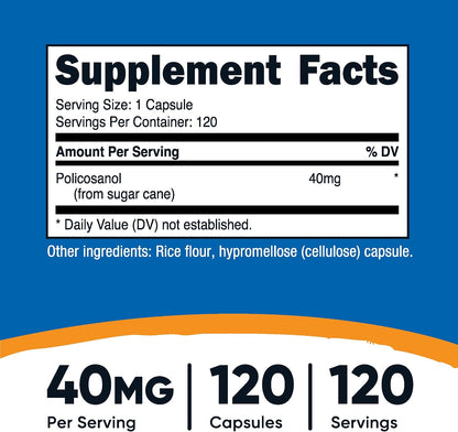 Nutricost Policosanol 40mg, 120 Capsules - Gluten-free, Non-GM, and Vegetarian Friendly