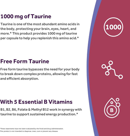 Doctor's Recipes Taurine Supplement 1000mg with B Vitamins - 120 Vegetable Capsules