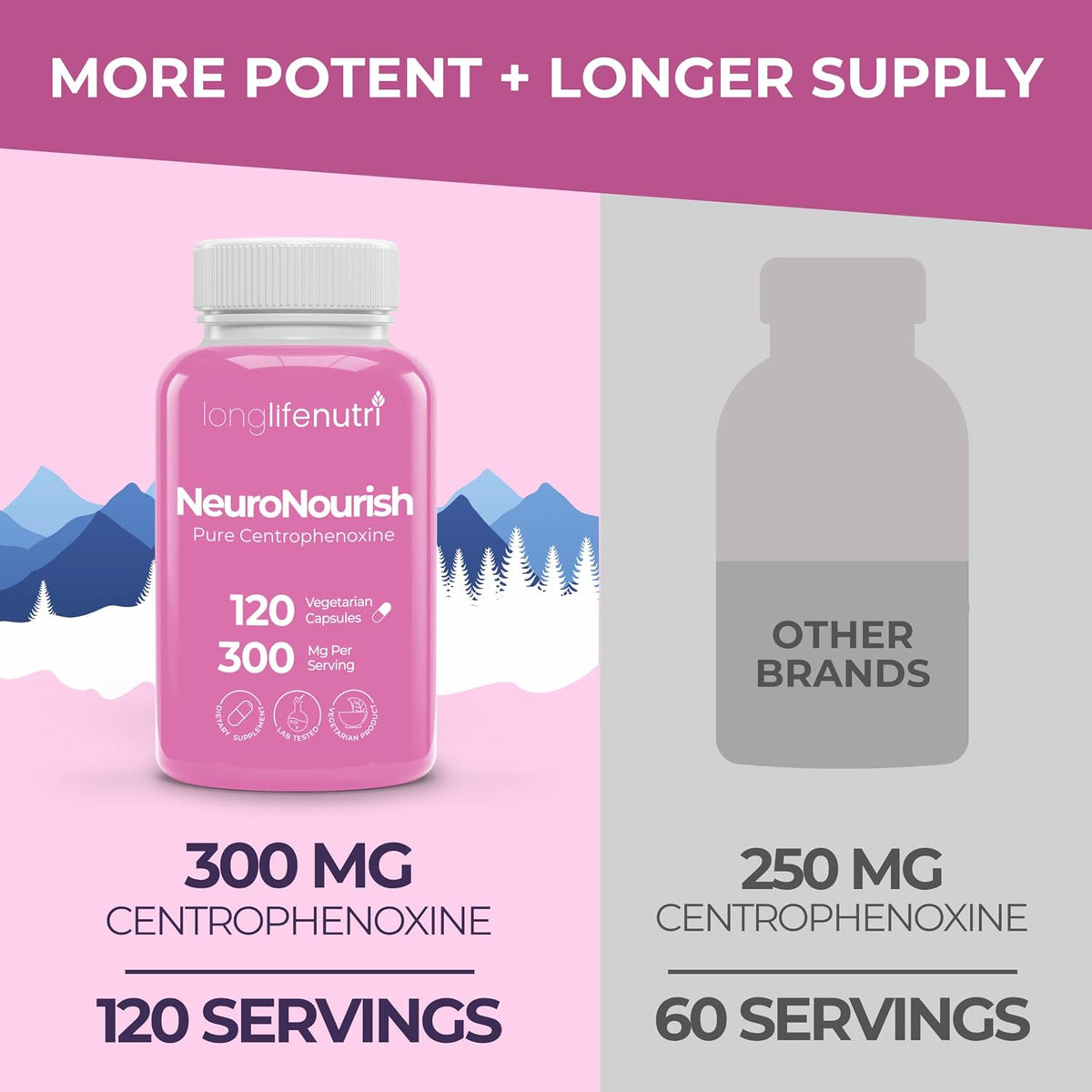 LongLifeNutri NeuroNourish Centrophenoxine 300mg, 120 Vegetarian Capsules - görsel 3