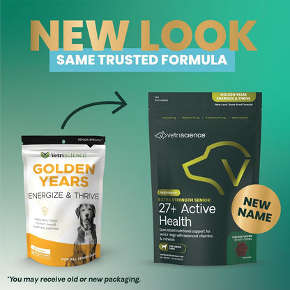 VetriScience Extra Strength Senior 27+ Active Health Chews, Golden Years Daily Multivitamin for Senior Dogs, Chicken Flavour, 60 Count