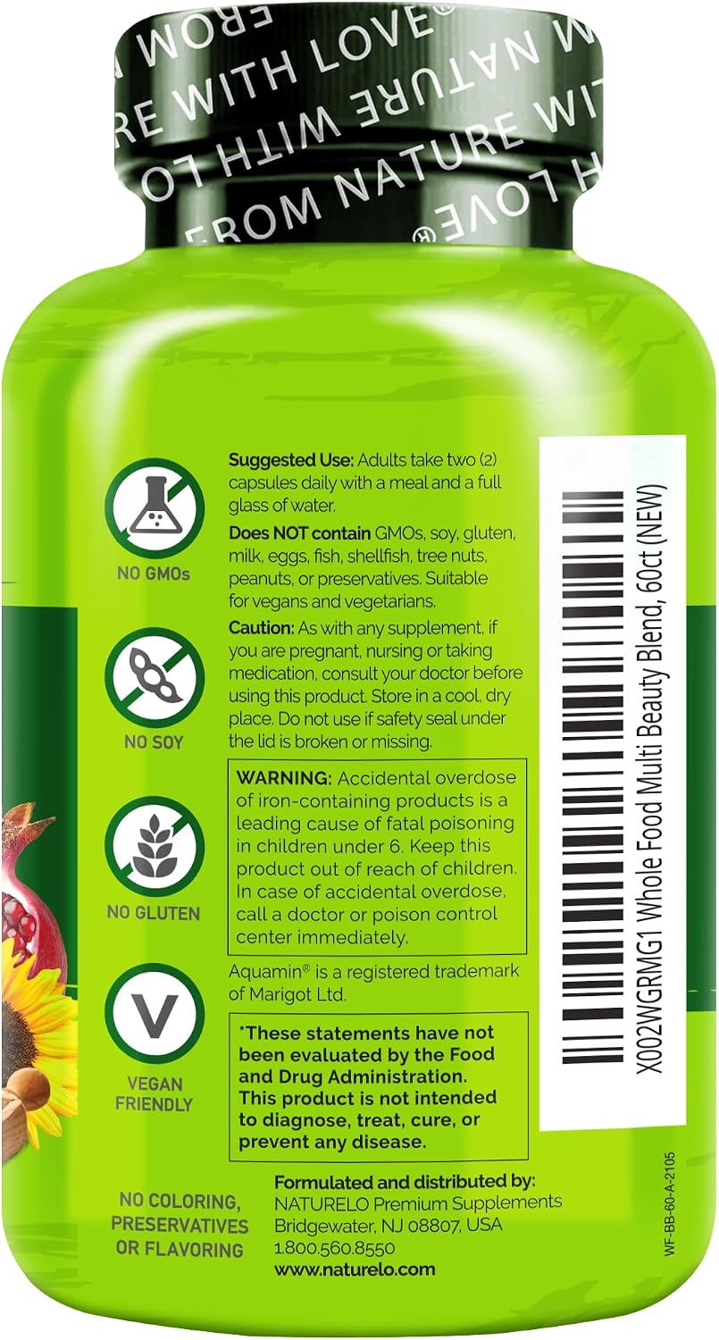 NATURELO Whole Food Multivitamin with Extra Hair, Skin & Nails Support - Beauty Blend with Hyaluronic Acid & Grape Seed, 60 Vegan Capsules (Pack of 2) - görsel 7