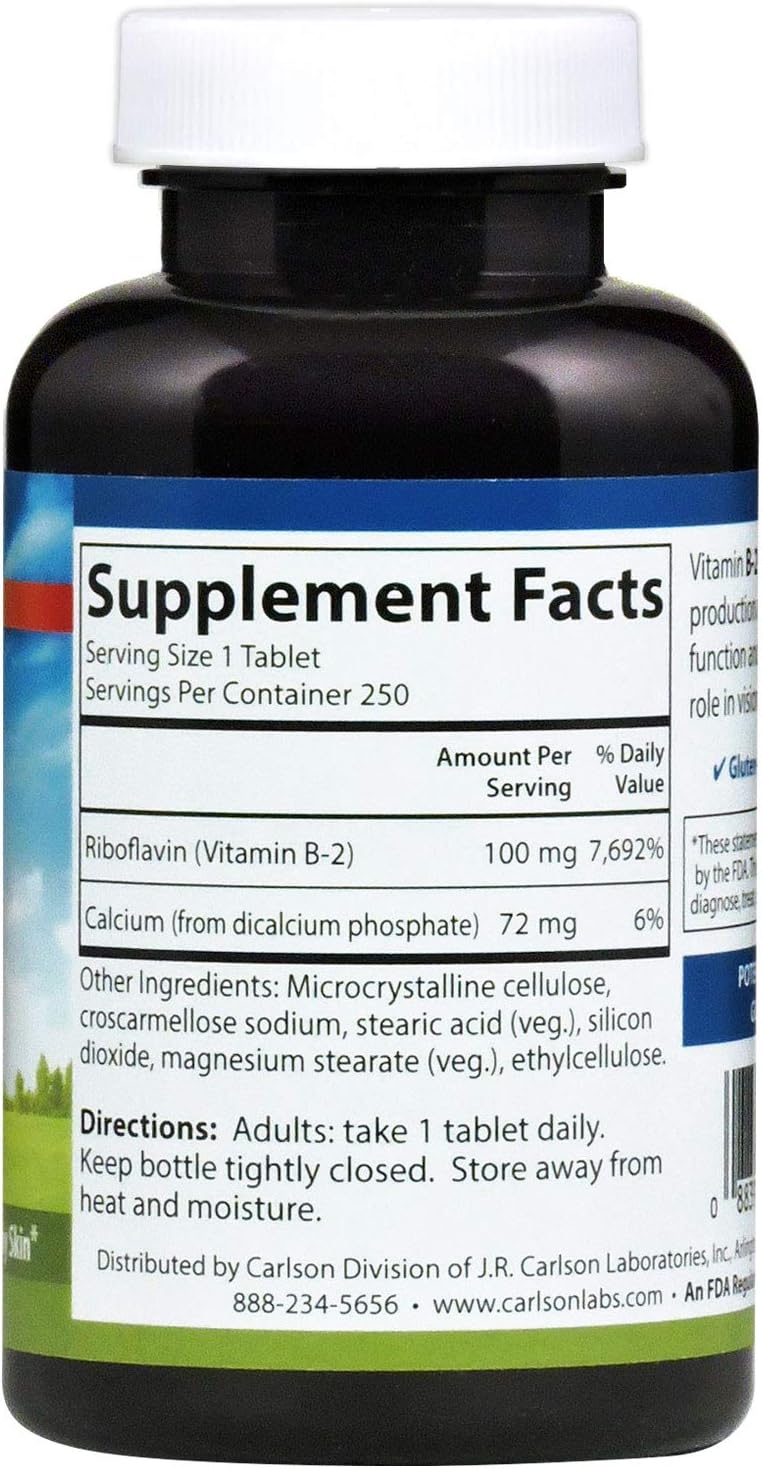 Carlson - B-2, 100 mg Riboflavin, Energy Production, Vision Support & Healthy Skin, 250 Vegetarian Tablets - görsel 2