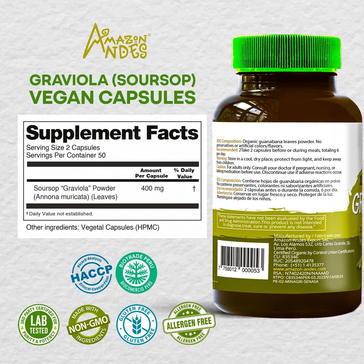Amazon Andes Organic Graviola Leaf Capsules – 400mg (100 Capsules) - görsel 2
