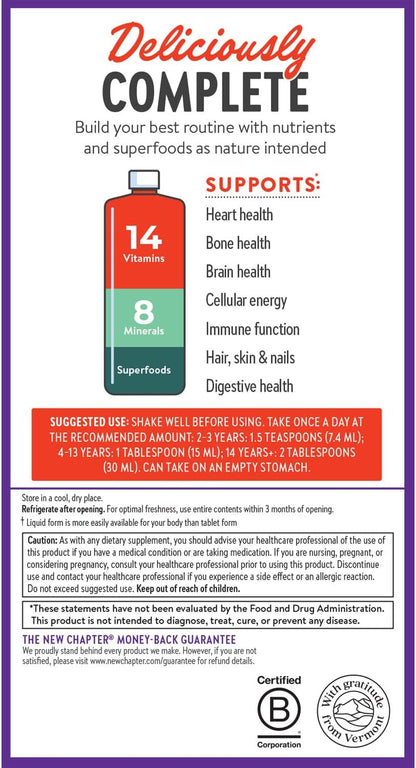 New Chapter Liquid Multivitamin + Mineral Supplement - Whole-Body Support for Adults, Teens & Children 2 Years and Over - 22 Essential Vitamins & Minerals - Orange Mango - 900 ml