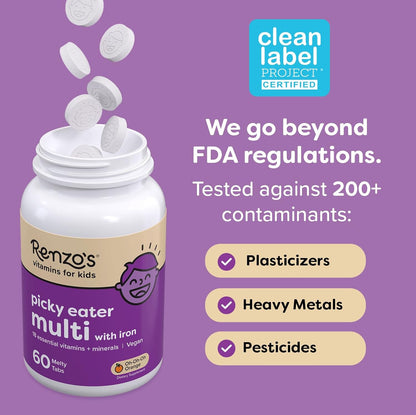 Renzo's Fussy Eater Kids Multivitamin with Iron - Dissolvable Melty Tabs, Cherry, 60 Tablets