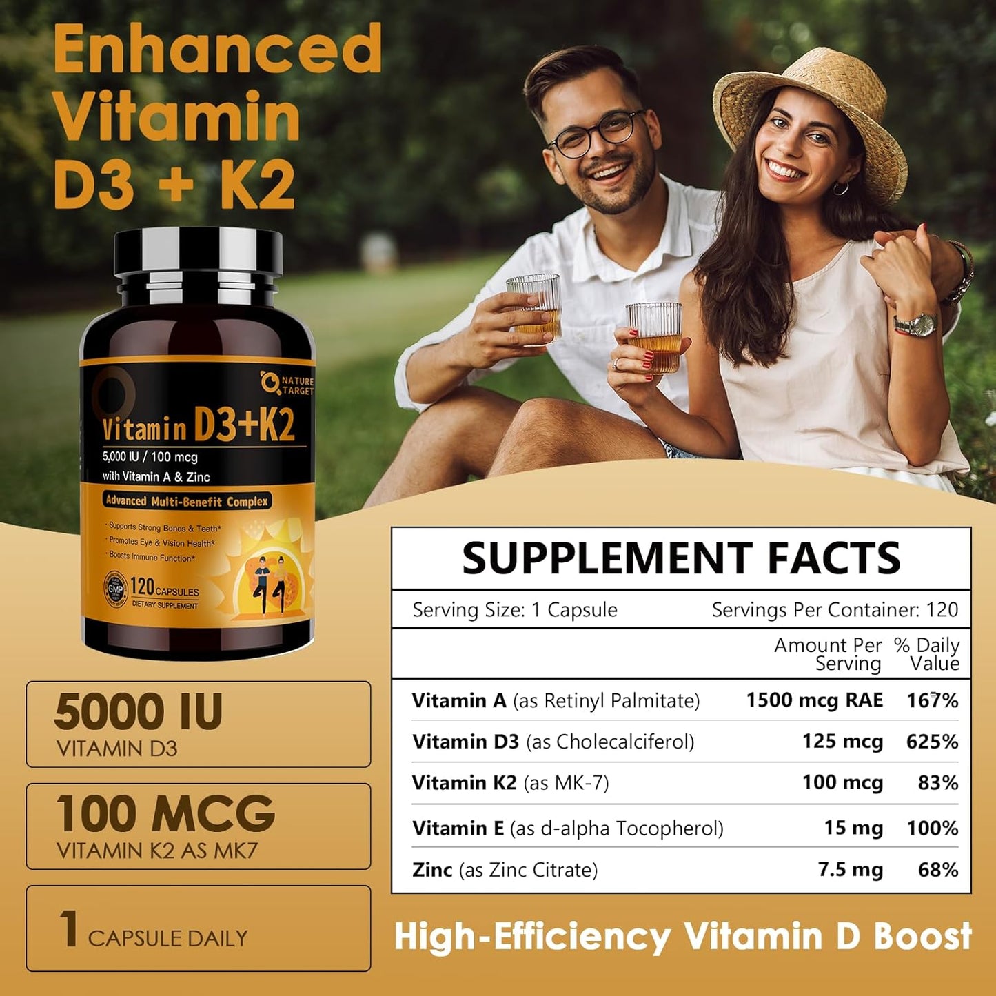 NATURE TARGET Vitamin D3 K2 5-in-1 Complex with Vitamin A – 5000 IU D3, 100 µg K2 MK-7, 120 Capsules - görsel 2