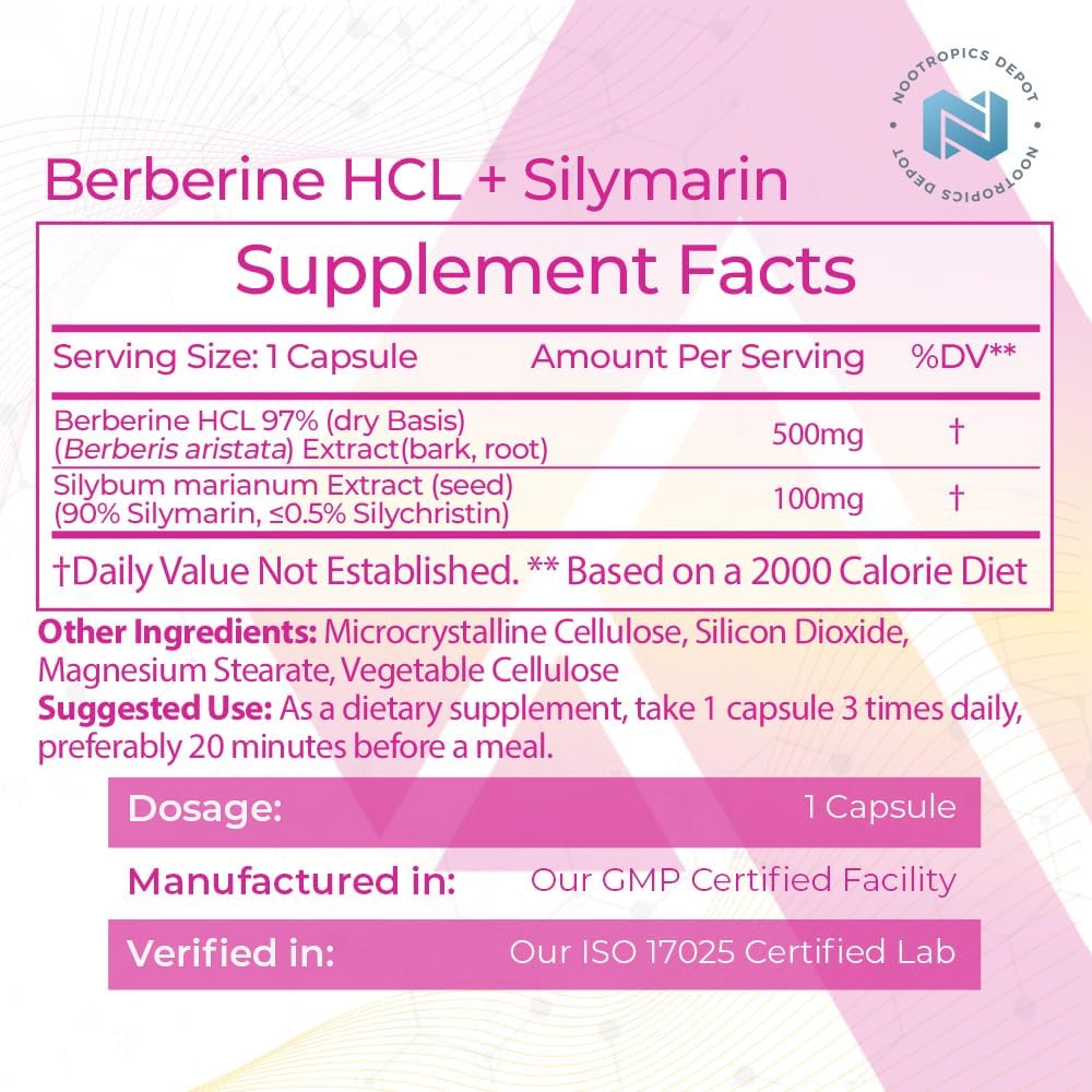 Nootropics Depot Berberine HCL + Silymarin Capsules | 500mg + 100mg | 180 Count - görsel 2