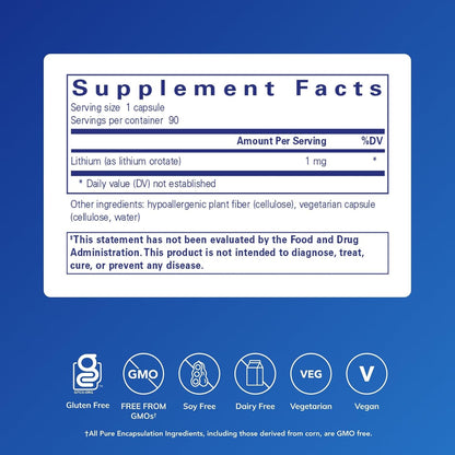 Pure Encapsulations Lithium (Orotate) 1 mg – Trace Mineral Food Supplement – 90 Capsules