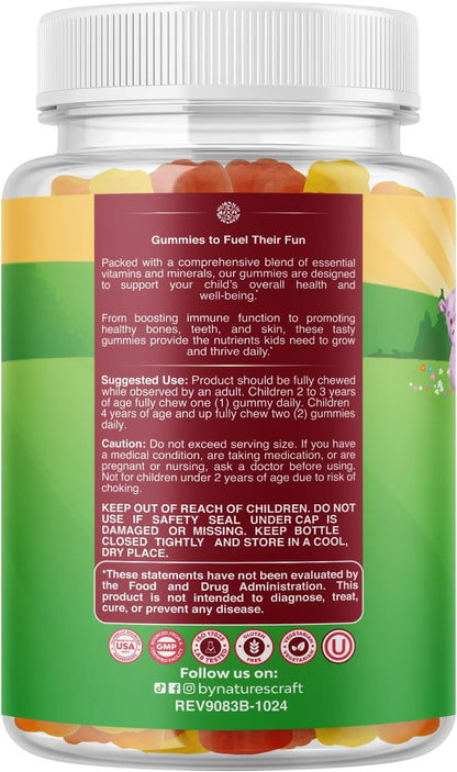 Natures Craft Plant Based Kids Multivitamin Gummies – Multivitamin for Kids Immune System Support with Vitamins A, C, D3, E, B and Zinc – Gelatine and Gluten-free, Non-GM – 180 Gummies