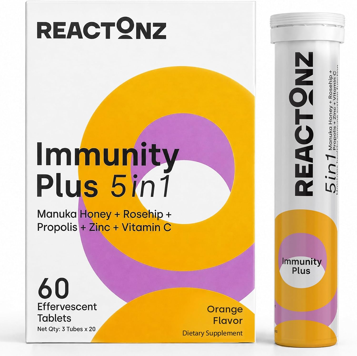 REACTONZ 5 in 1 Immunity Plus Effervescent Tablets – Immune Support with Vitamin C, Zinc, Manuka Honey, Rosehip & Propolis – Natural Orange Flavour – 20 Day Supply - görsel 10