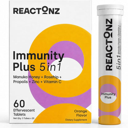 REACTONZ 5 in 1 Immunity Plus Effervescent Tablets – Immune Support with Vitamin C, Zinc, Manuka Honey, Rosehip & Propolis – Natural Orange Flavour – 20 Day Supply