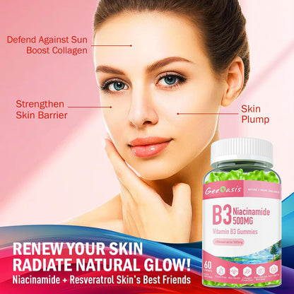 Niacinamide 500mg Gummies, Chewable Vitamin B3 Supplement with Resveratrol 500mg, High Potency Niacinamide for Skin & Brain Health, Immune Support, Vegan Apple Flavour, 60 Count