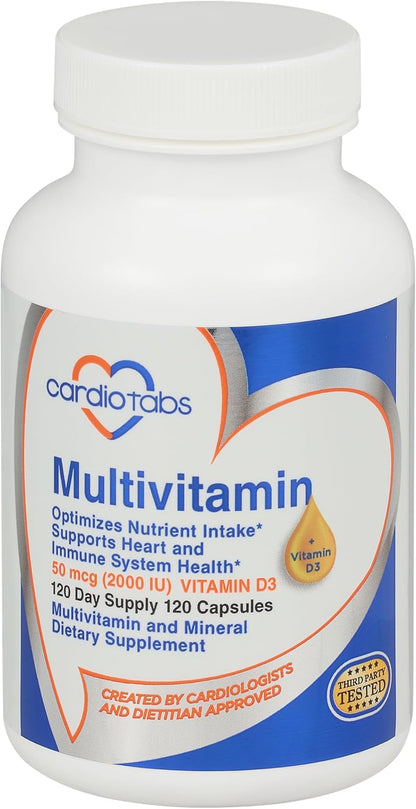 CardioTabs Multivitamin for Men & Women – Heart and Immune System Support with Vitamins A, C, D3, E, K, B-Complex, Minerals, CoQ10, Lutein, Lycopene – 120 Capsules