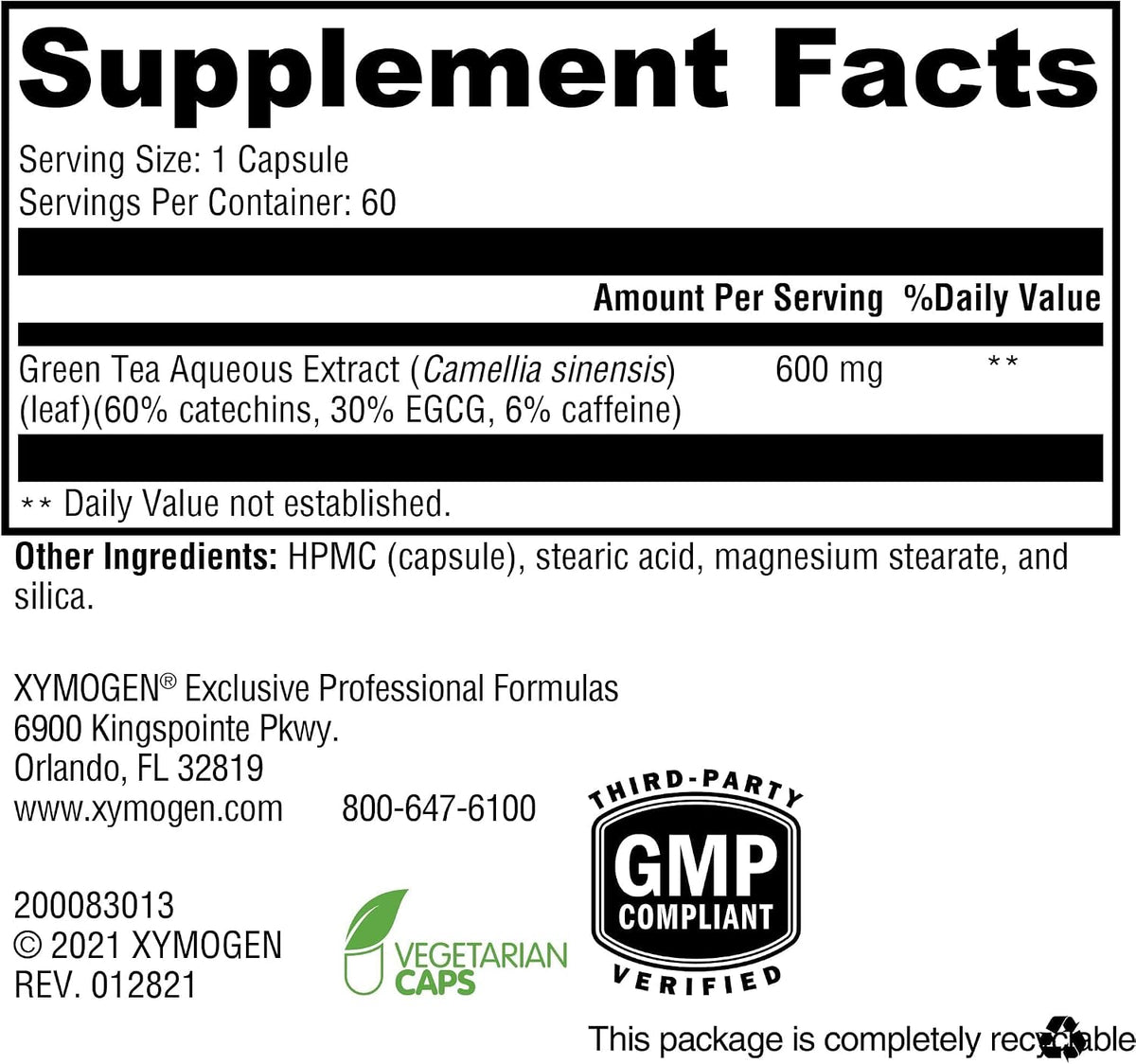 XYMOGEN Green Tea 600 - Antioxidant & Immune Support - 600 mg Green Tea Aqueous Extract - Vegetarian, Gluten-Free & Non-GMO - 60 Capsules - görsel 2