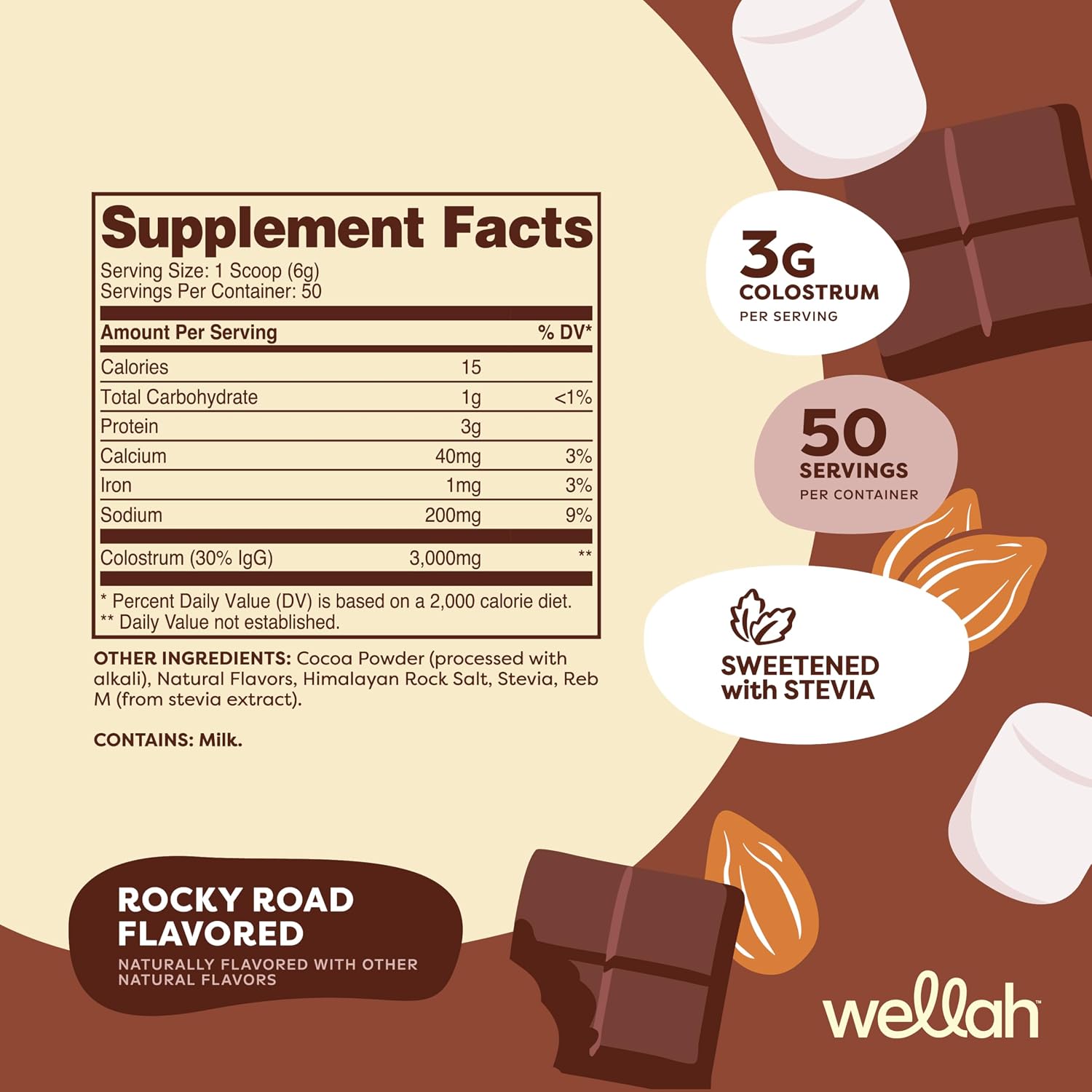 Wellah Colostrum Rocky Road Flavoured (50 Servings) - Sweetened with Stevia, 3g Colostrum Per Serving, Dietary Supplement - görsel 2