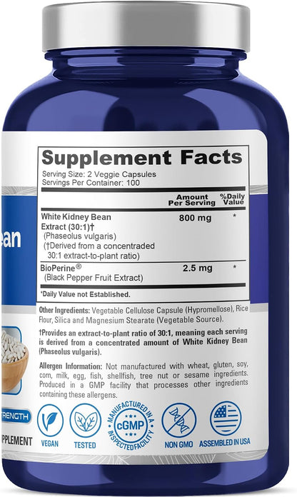 NusaPure White Kidney Bean Capsules, 800 mg, 200 Veg Capsules (Non-GMO, Vegan)