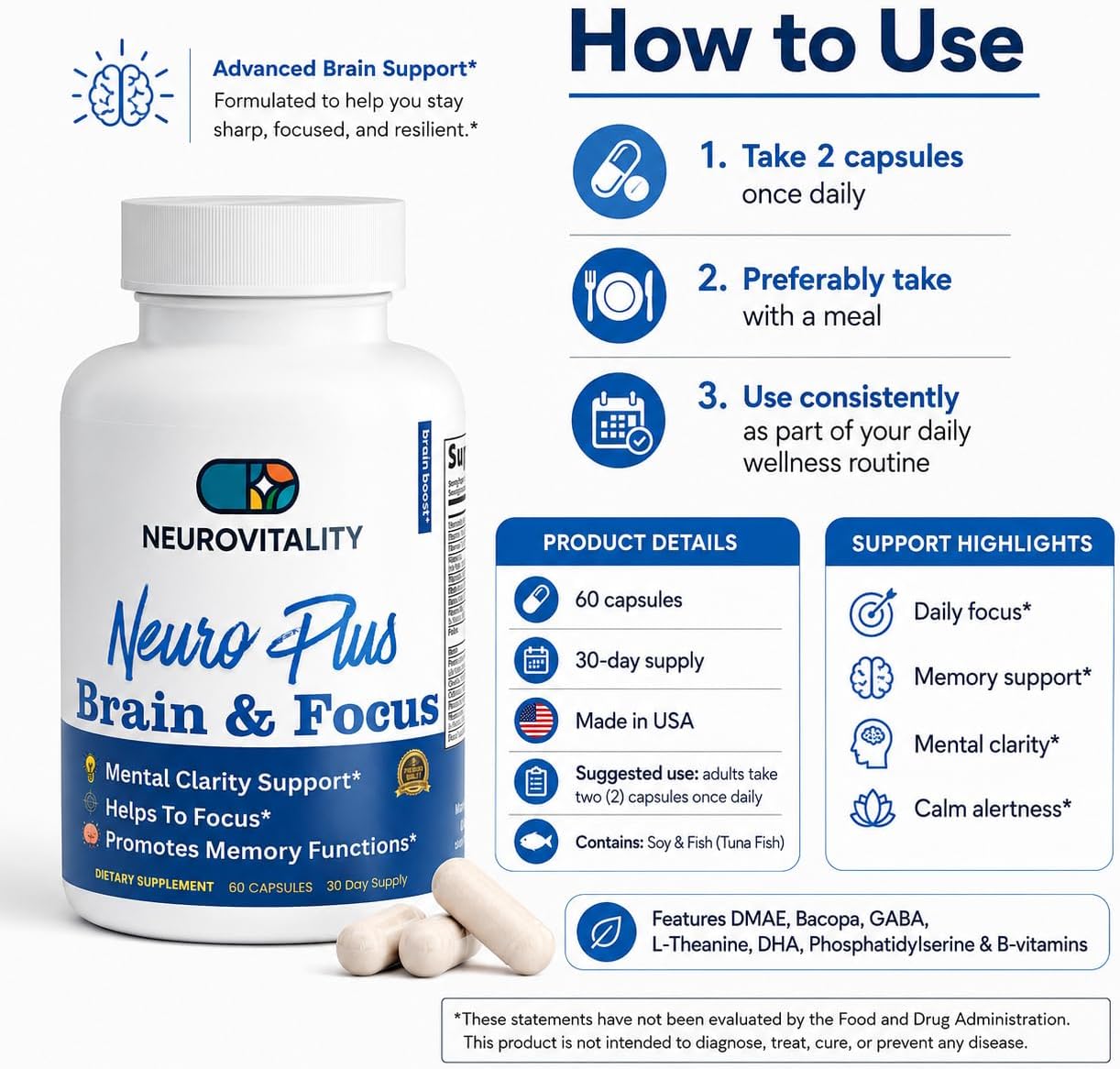 Neuro Plus Brain and Focus Formula – 40 Nootropic Blend for Memory, Focus & Cognitive Function (60 Capsules) - görsel 4