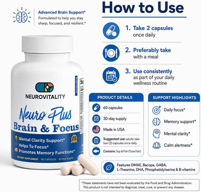 Neuro Plus Brain and Focus Formula – 40 Nootropic Blend for Memory, Focus & Cognitive Function (60 Capsules)