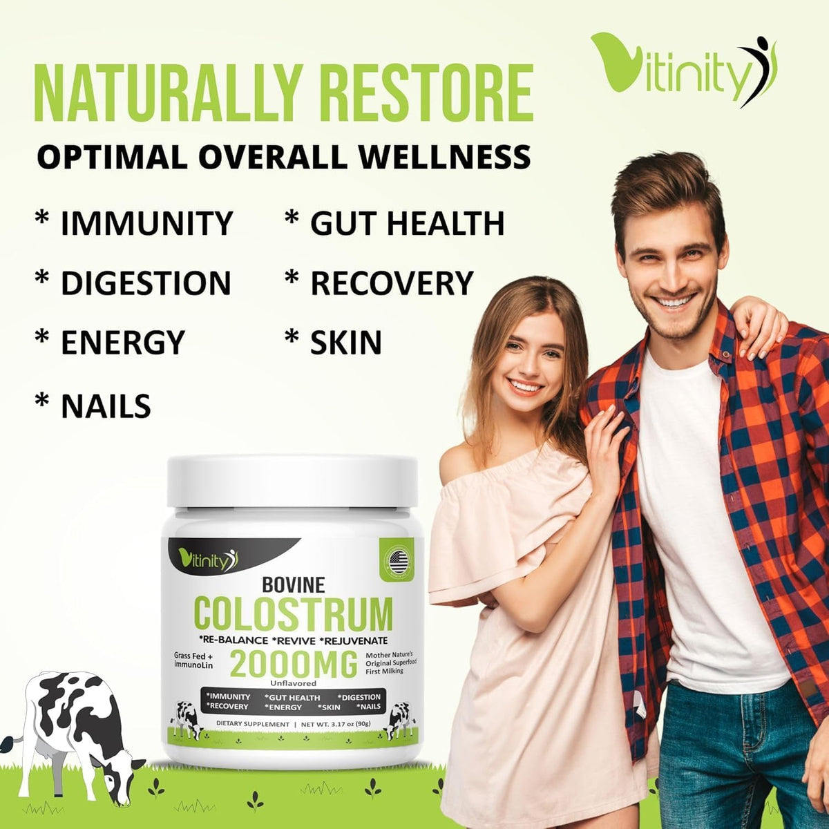VITINITY Grass Fed Bovine Colostrum Powder – Natural IgG Supplement for Gut Health, Immune Support & Muscle Recovery | Pure Colostrum Superfood, Unflavoured (90g) - görsel 3