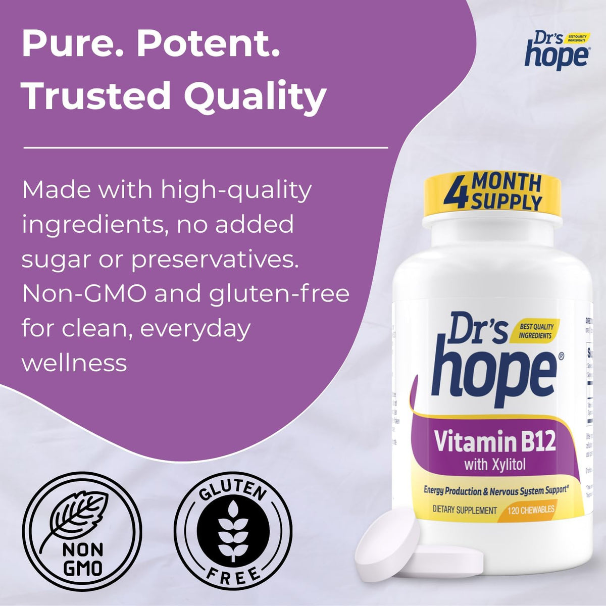 Dr's Hope Vitamin B12 1000 mcg Chewable Tablets, 120 Tablets – 4-Month Supply - görsel 5