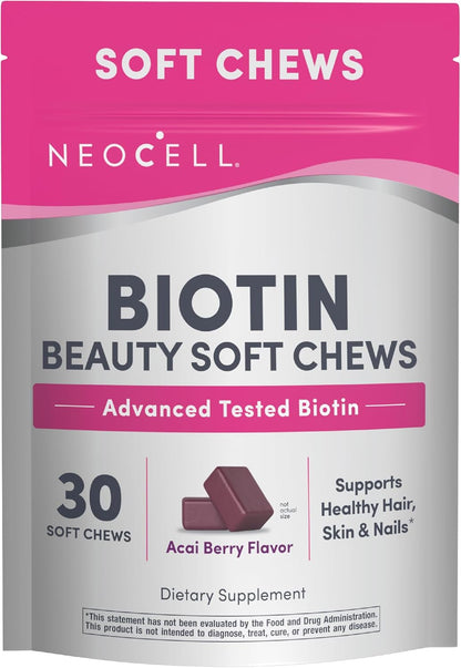 NeoCell Biotin Beauty Soft Chews | 30 Chewables | 10000mcg | Hair, Skin & Nails | Acai Berry Flavour