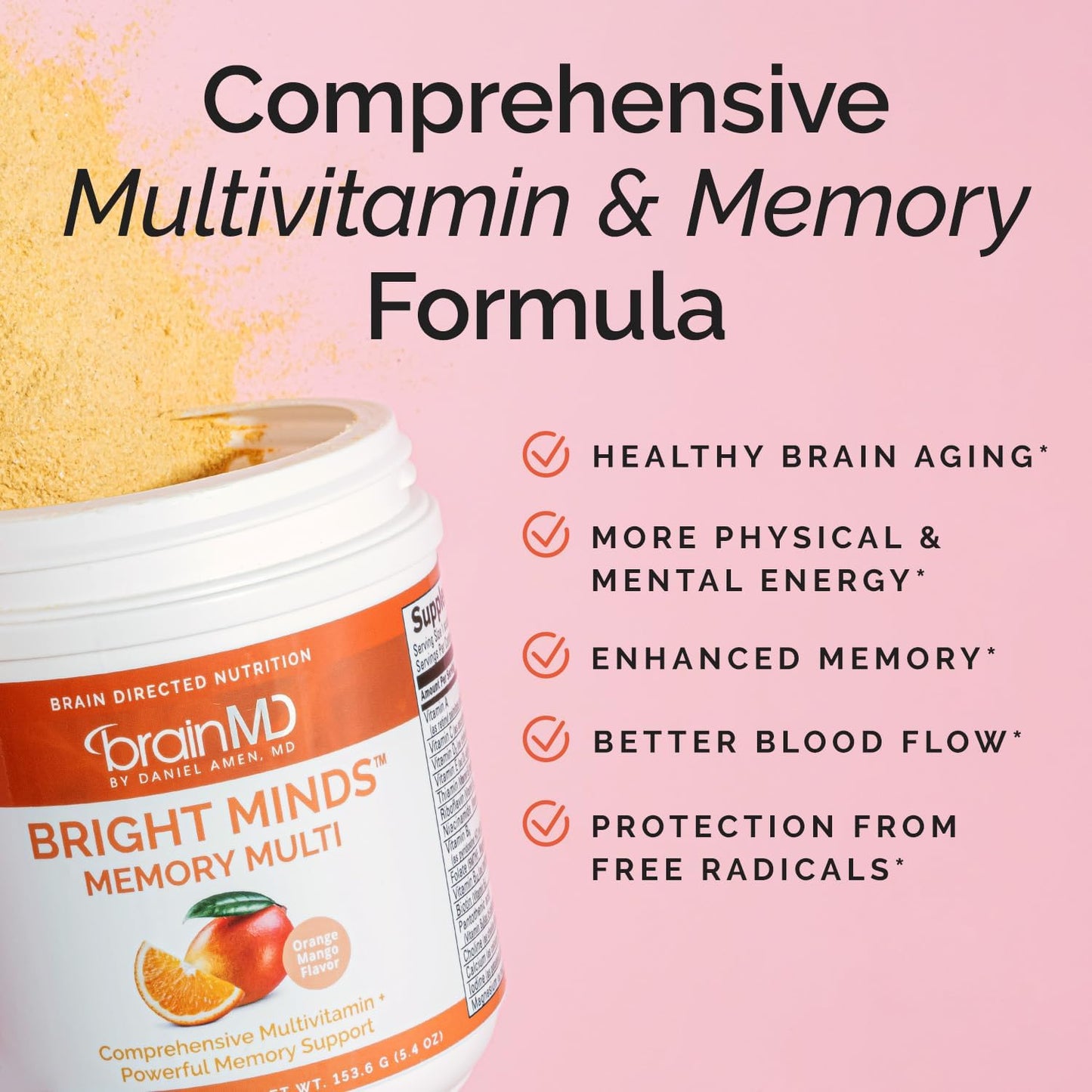 BRAINMD Bright Minds Memory Multi - Orange Mango Powder - Multivitamin & Memory Support - 30 Servings - görsel 2