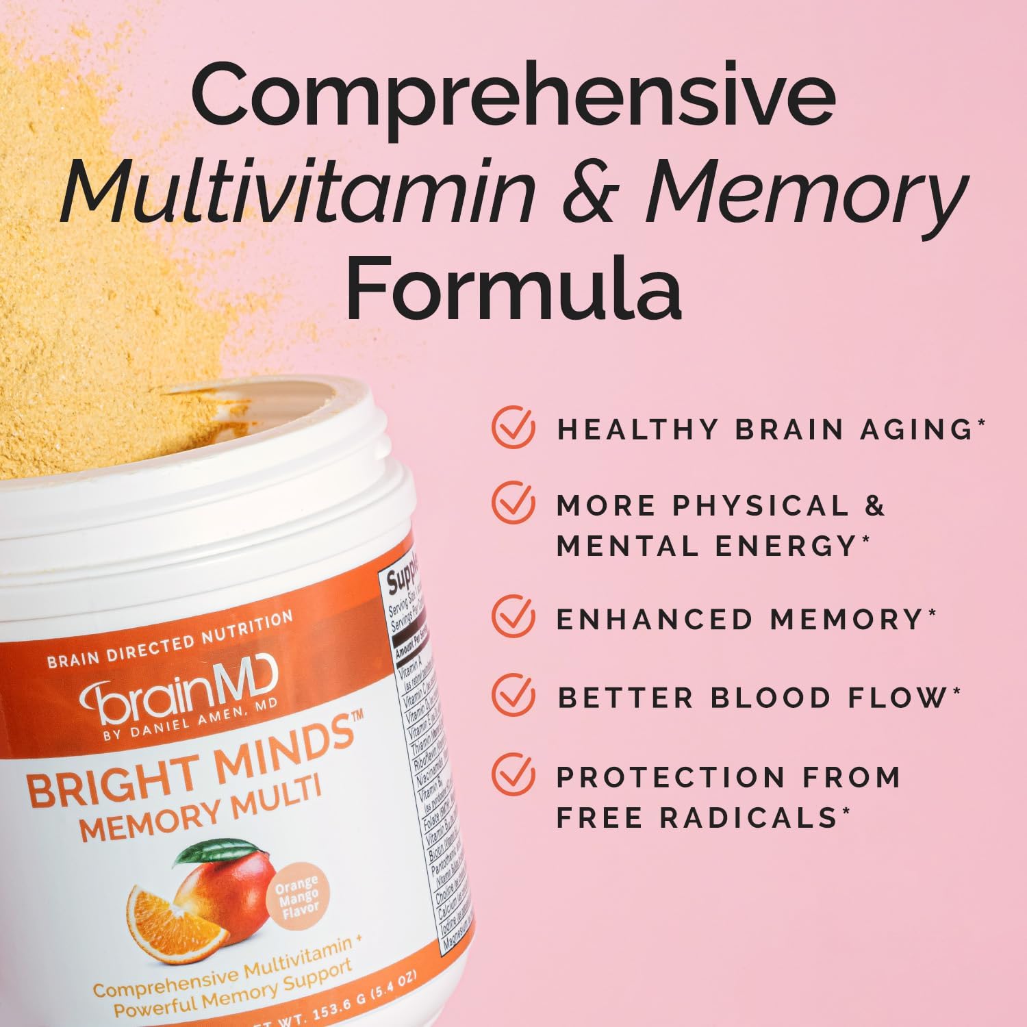 BRAINMD Bright Minds Memory Multi - Orange Mango Powder - Multivitamin & Memory Support - 30 Servings - görsel 2