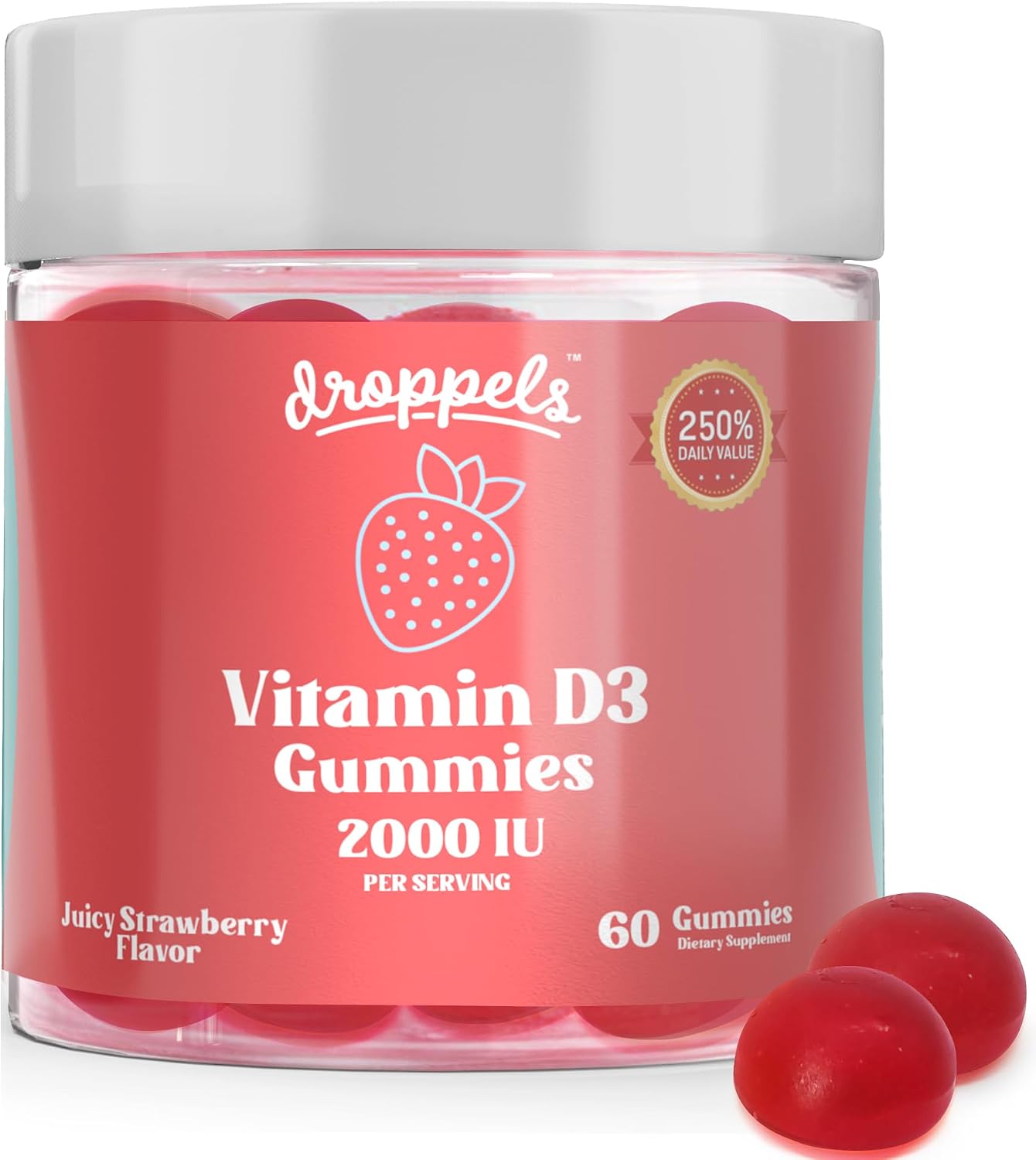 Vitamin D3 Gummies 2000 IU – Extra Strength, Vegetarian, Pectin Plant-Based Vitamin D Gummies for Bone Health Support – Juicy Strawberry Flavour, 60 Count (1 Month's Supply) - görsel 1