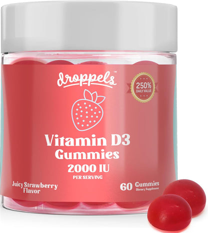 Vitamin D3 Gummies 2000 IU – Extra Strength, Vegetarian, Pectin Plant-Based Vitamin D Gummies for Bone Health Support – Juicy Strawberry Flavour, 60 Count (1 Month's Supply)