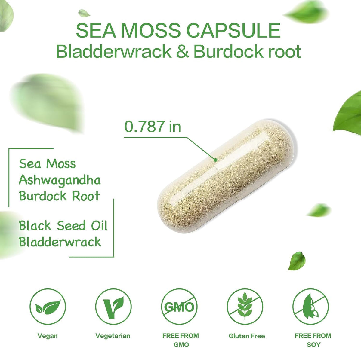VPKIN Organic Sea Moss Capsules with Bladderwrack, Burdock Root and Black Pepper Extract – Irish Sea Moss Capsules 2000mg – Supports Immune System, Thyroid Health (120 Capsules) - görsel 2