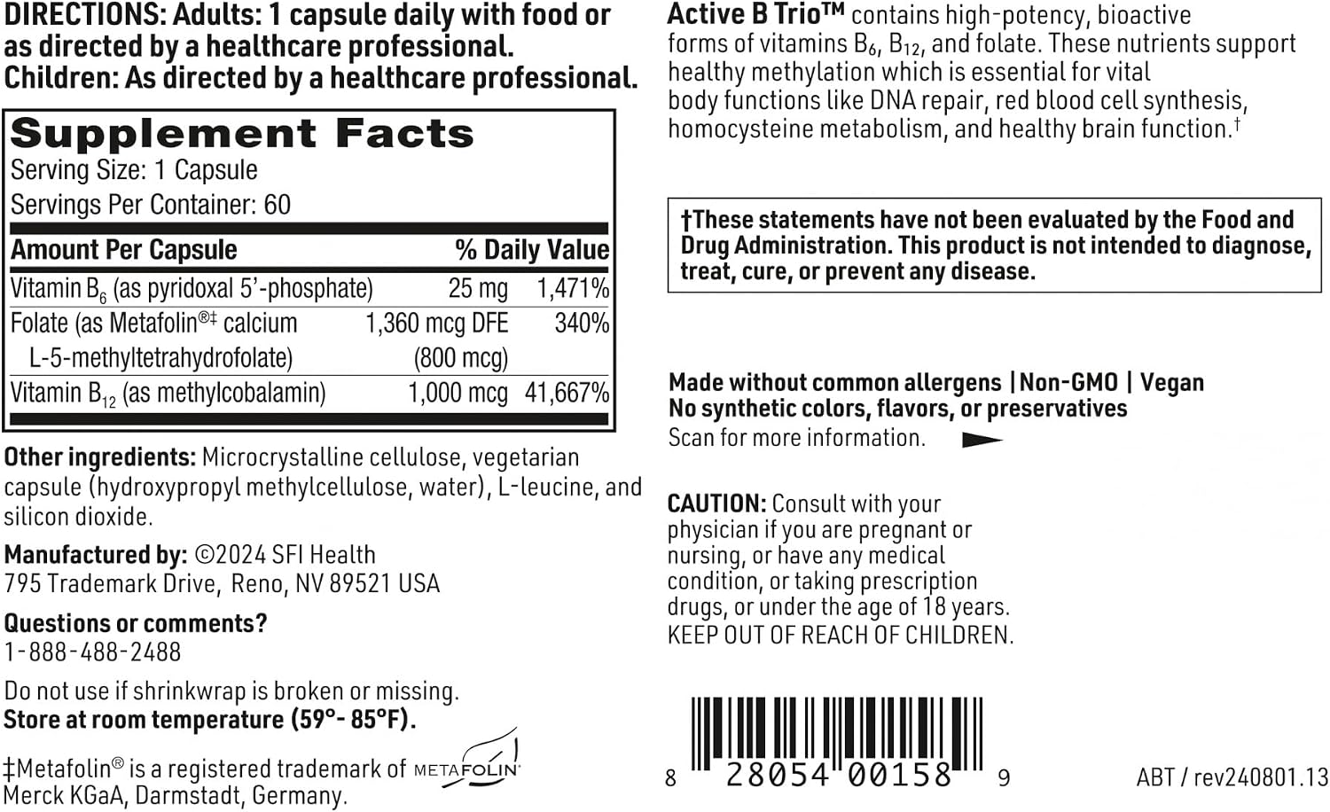 SFI Health Active B Trio – Methylated Vitamin B Complex with B6, B12 & Folate (60 Capsules) - görsel 5