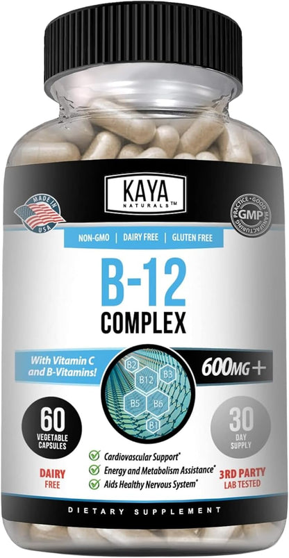 Kaya Naturals B-12 Complex | Multivitamin Supplement for Women & Men | Energy and Metabolism Support | with Biotin, Choline, Inositol, Folate, and Vitamin C – 60 Capsules