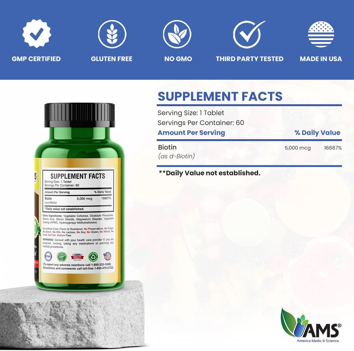 America Medic & Science High Strength Biotin 5,000 mcg – Vitamin B7 Supplement for Hair, Skin & Nails - görsel 5