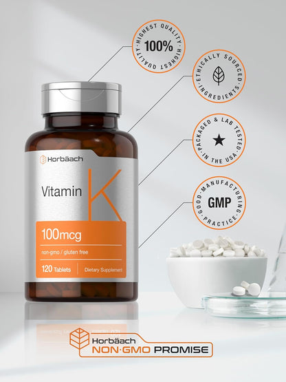 Horbäach Vitamin K Supplement | 100mcg | 120 Tablets | Vegetarian, Non-GM & Gluten-free
