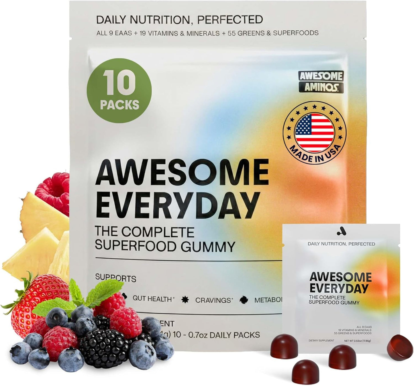 Awesome Everyday Essential Daily Nutrition Gummies - 9 Essential Amino Acids + Vitamins, Minerals & Organic Greens and Superfoods - Fermented Nutrition for Energy, Brain & Immunity – Children – 28 Count - görsel 9