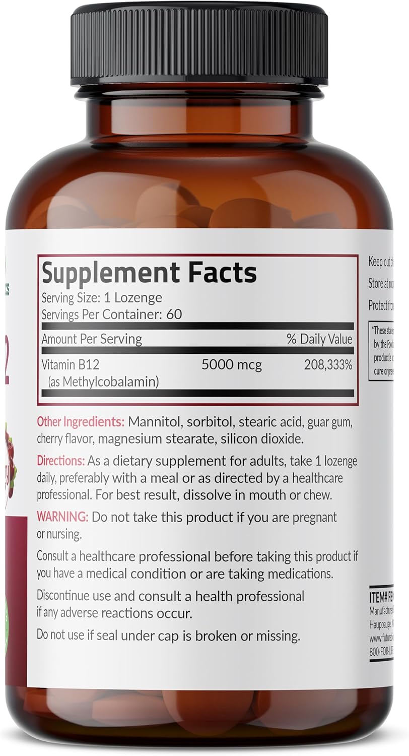 Futurebiotics Methyl B12 5000 mcg Vitamin B12 Methylcobalamin, Cherry Flavour, Non-GMO, 60 Vegetarian Lozenges - görsel 2