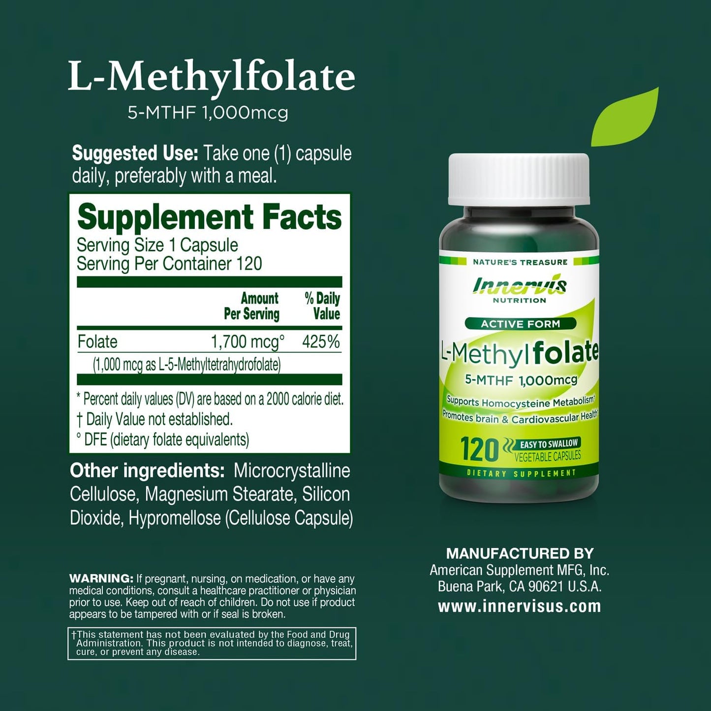 L-Methylfolate 1000mcg (120 Caps) - Active Folate for Heart, Nerve Health & Homocysteine Support - 5-MTHF Methylated Vitamin B9 by Innervis Nutrition - görsel 8
