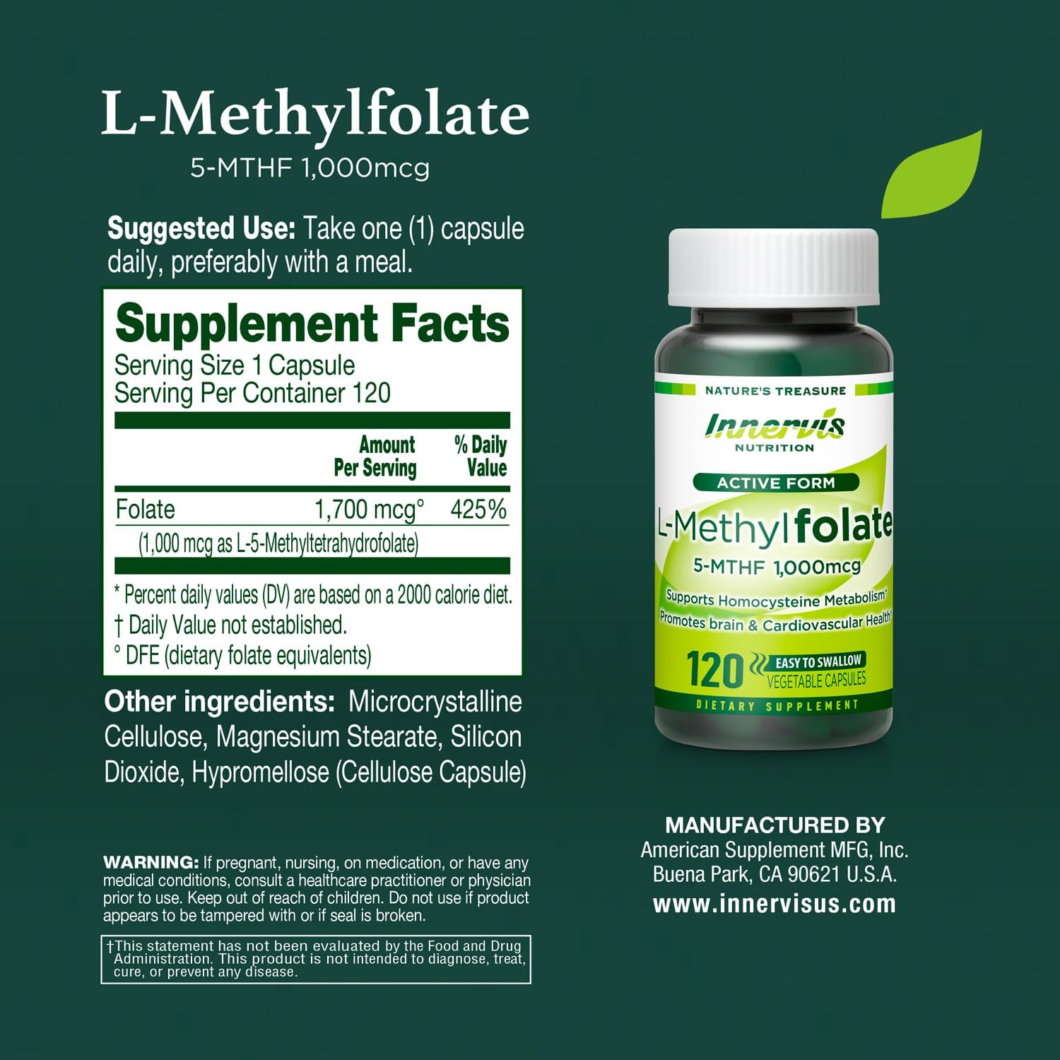 L-Methylfolate 1000mcg (120 Caps) - Active Folate for Heart, Nerve Health & Homocysteine Support - 5-MTHF Methylated Vitamin B9 by Innervis Nutrition - görsel 8