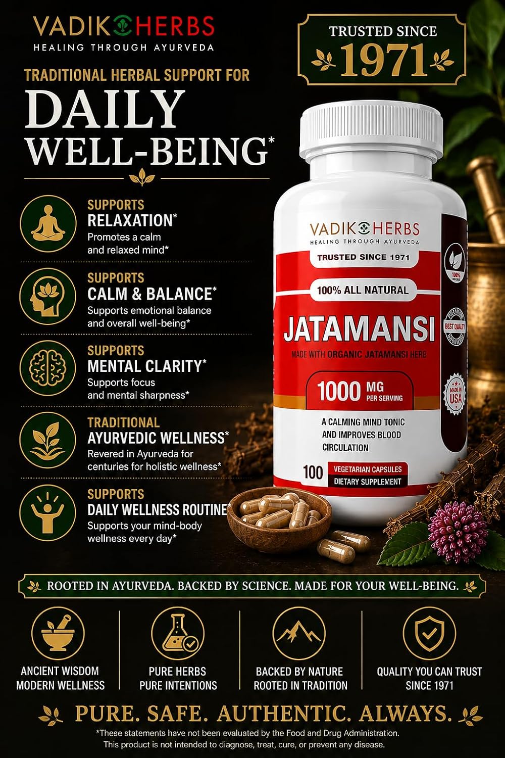 Vadik Herbs Jatamansi Capsules - 1000mg Organic Jatamansi Root for Calmness, Mental Clarity & Restful Sleep - 100 Vegetarian Capsules - görsel 9