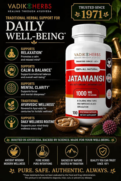 Vadik Herbs Jatamansi Capsules - 1000mg Organic Jatamansi Root for Calmness, Mental Clarity & Restful Sleep - 100 Vegetarian Capsules