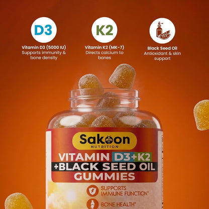Sakoon Vitamin D3 K2 Gummies 5000 IU with Black Seed Oil - Bone Strength, Calcium Absorption & Immune Support - Non-GMO, Gluten-free - 60 Gummies