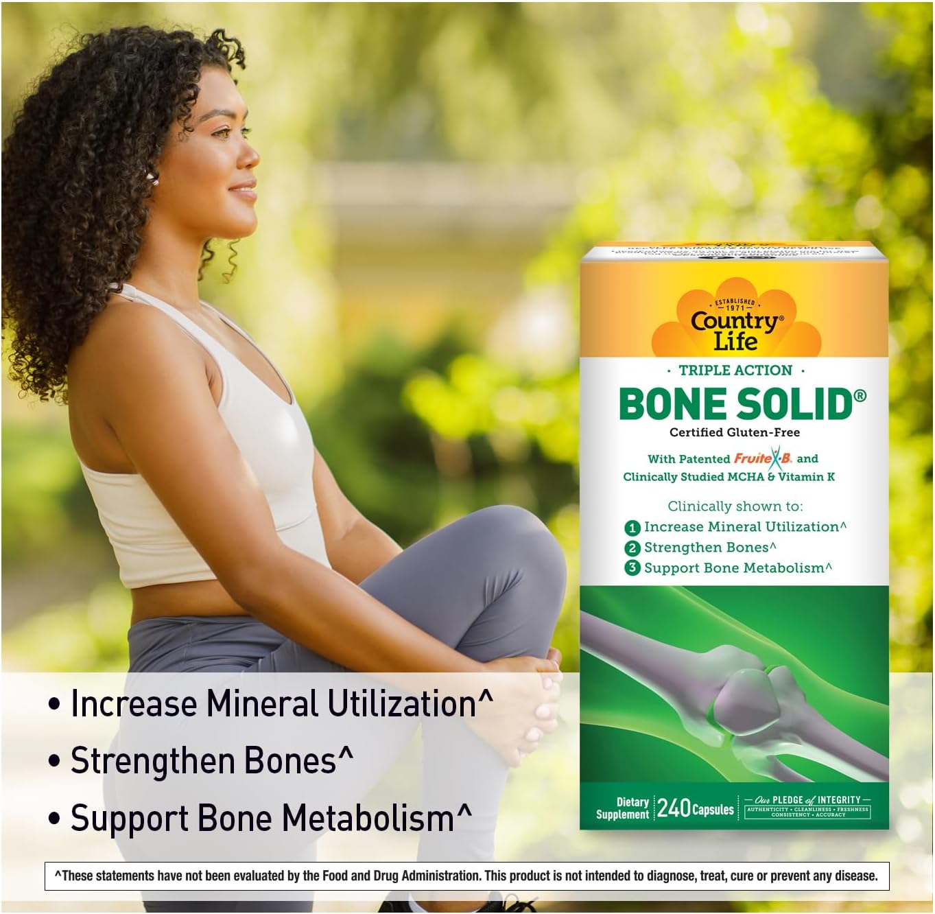 Country Life Bone Solid - Bone Health Supplement with MCHA, Calcium, Magnesium, Zinc, Vitamins K2 & D3 - 240 Capsules - görsel 2