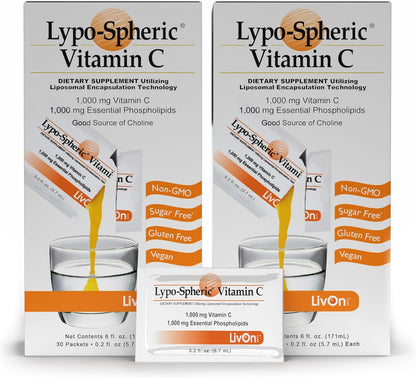 LivOn Laboratories Lypo-Spheric Vitamin C - 1,000 mg Vitamin C & 1,000 mg Essential Phospholipids Per Sachet - Liposome Encapsulated for Improved Absorption - Non-GMO - 2 Pack (60 Sachets)