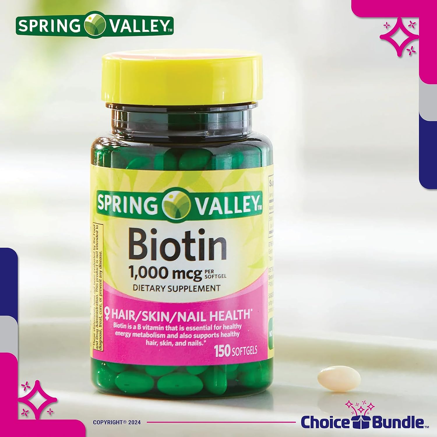 Spring Valley Biotin Soft gel capsules 1000mcg - 4 Bottles (600 Soft gel capsules) with Vitamin Guide and Pill Container - görsel 4