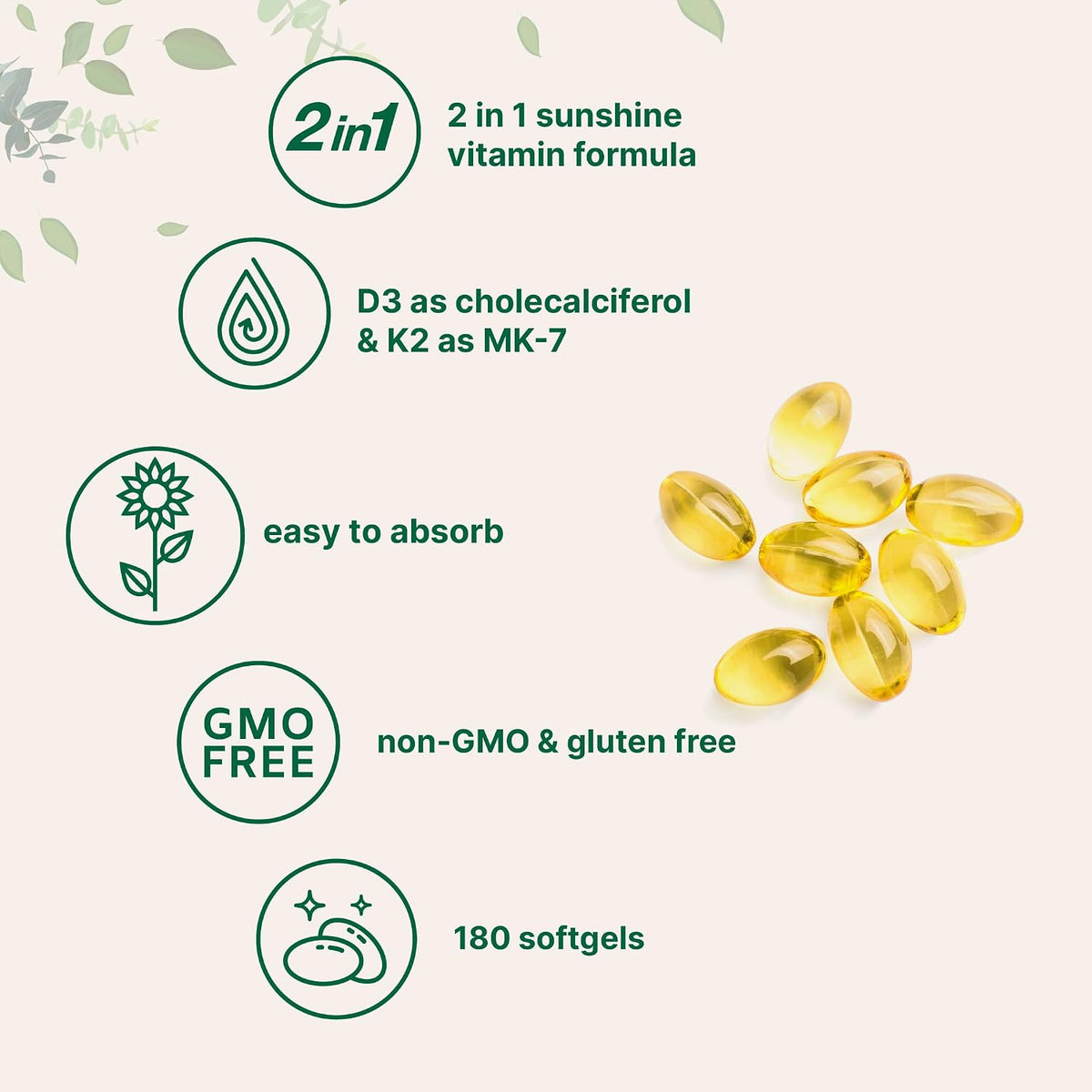 Micro Ingredients Vitamin D3 5,000 IU + K2 MK-7 100 mcg, 180 Soft gel capsules - görsel 3