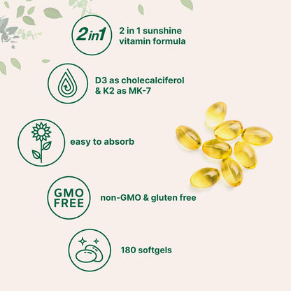 Micro Ingredients Vitamin D3 5,000 IU + K2 MK-7 100 mcg, 180 Soft gel capsules