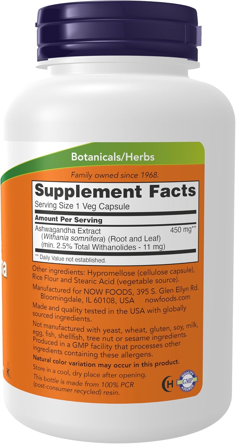 NOW Foods Supplements, Ashwagandha (Withania somnifera) 450 mg (Standardised Extract), 180 Veg Capsules - görsel 2