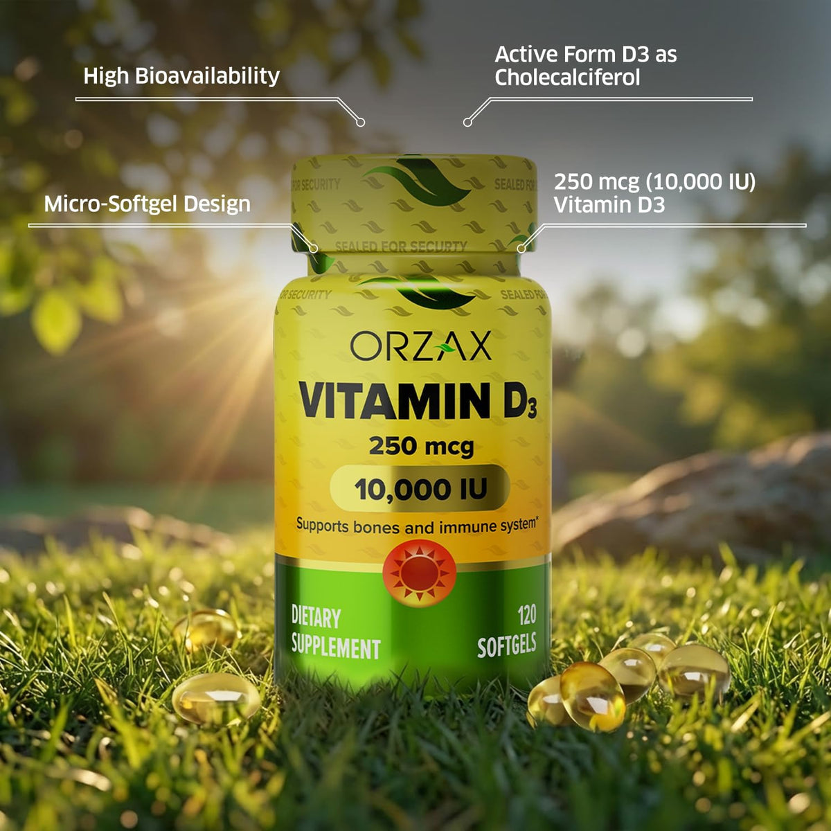 ORZAX Vitamin D3 10000 iu (250 mcg) – Non-GMO, Gluten-free, Sugar Free, Dairy-free – 120-Day Supply for Strong Muscle Function & Immune Support – Mood Supplement for Wellness (120 Soft gel capsule) - görsel 3